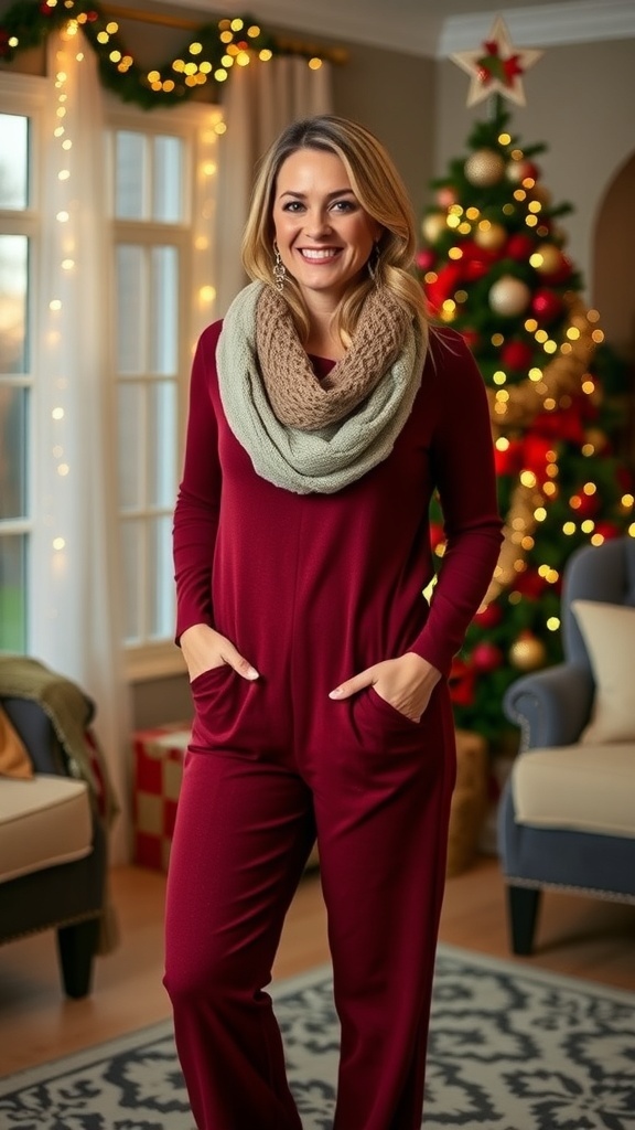 A woman in a burgundy knit jumpsuit surrounded by Christmas decorations.